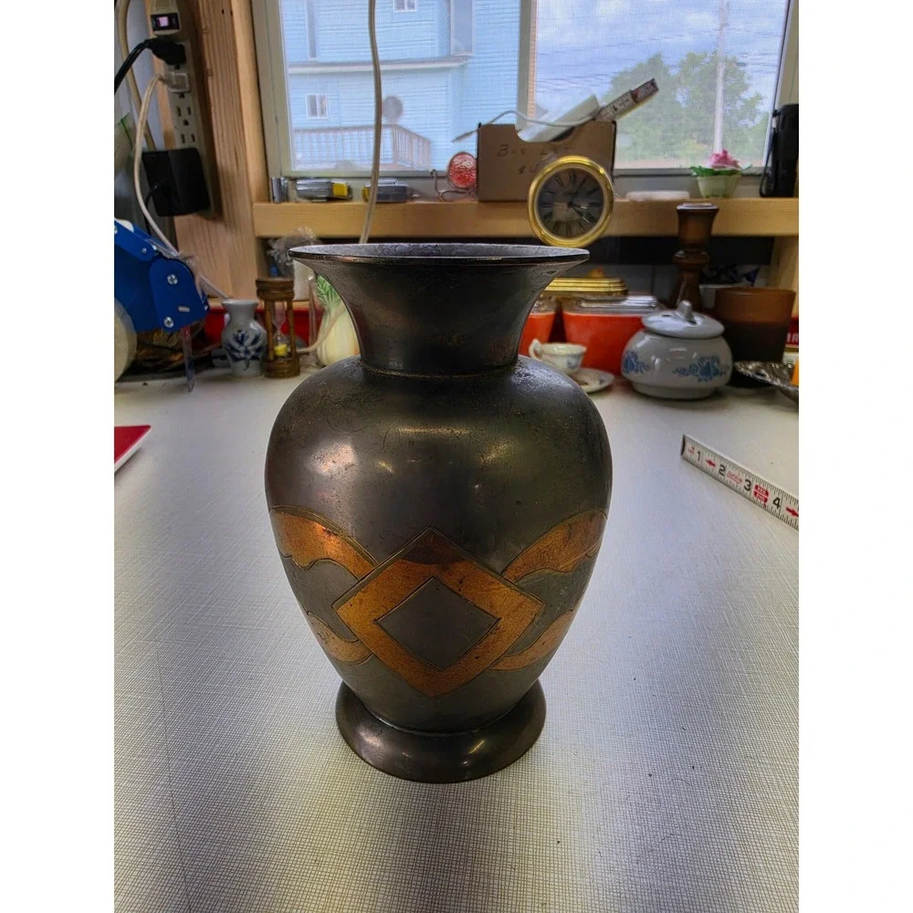 Vintage Art Deco Mixed Metal Vase Copper Brass Inlay Geometric Patinated 6.25in